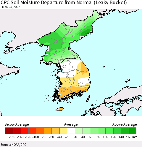 Korea CPC Calculated Soil Moisture Anomaly (Leaky Bucket) Thematic Map For 3/21/2022 - 3/25/2022