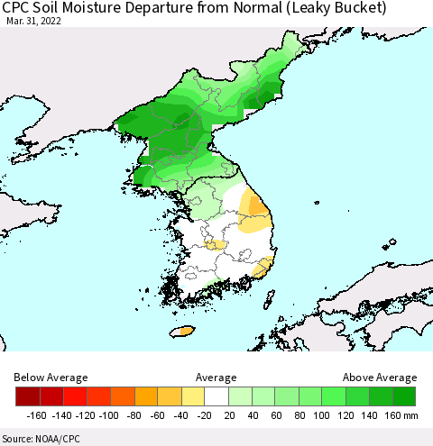 Korea CPC Soil Moisture Departure from Normal (Leaky Bucket) Thematic Map For 3/26/2022 - 3/31/2022