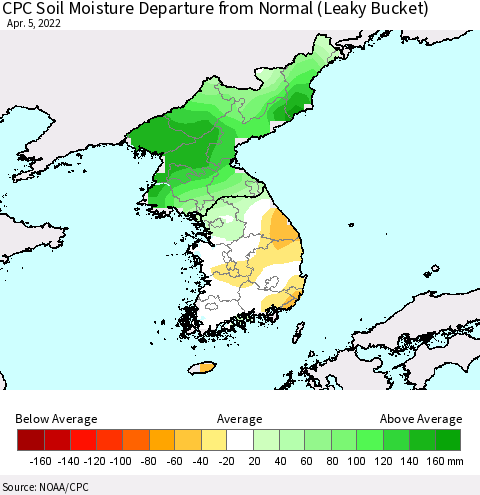 Korea CPC Calculated Soil Moisture Anomaly (Leaky Bucket) Thematic Map For 4/1/2022 - 4/5/2022