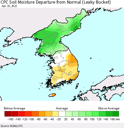 Korea CPC Soil Moisture Departure from Normal (Leaky Bucket) Thematic Map For 4/6/2022 - 4/10/2022