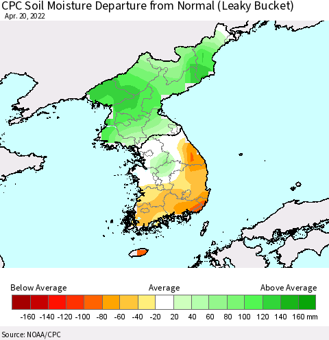 Korea CPC Soil Moisture Departure from Normal (Leaky Bucket) Thematic Map For 4/16/2022 - 4/20/2022