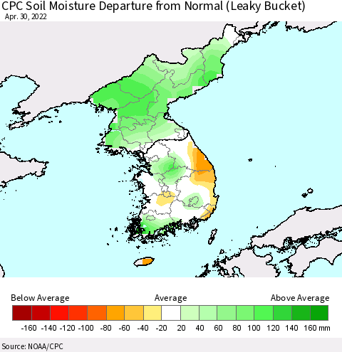Korea CPC Soil Moisture Departure from Normal (Leaky Bucket) Thematic Map For 4/26/2022 - 4/30/2022