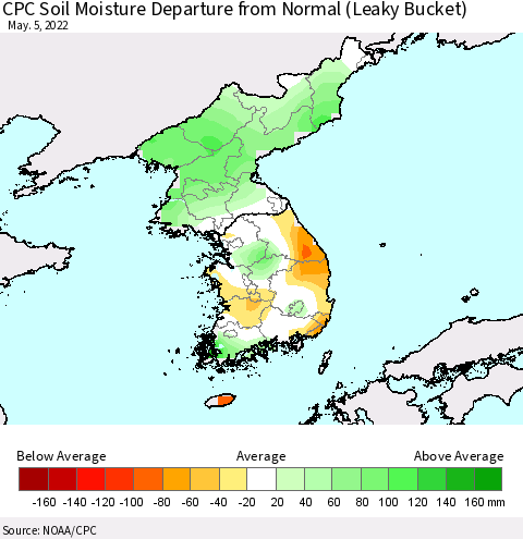 Korea CPC Soil Moisture Departure from Normal (Leaky Bucket) Thematic Map For 5/1/2022 - 5/5/2022