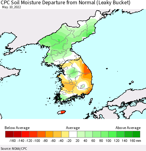 Korea CPC Soil Moisture Departure from Normal (Leaky Bucket) Thematic Map For 5/6/2022 - 5/10/2022