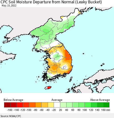 Korea CPC Calculated Soil Moisture Anomaly (Leaky Bucket) Thematic Map For 5/11/2022 - 5/15/2022