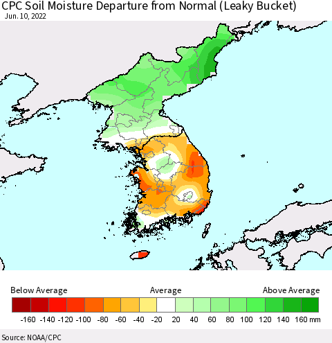 Korea CPC Calculated Soil Moisture Anomaly (Leaky Bucket) Thematic Map For 6/6/2022 - 6/10/2022