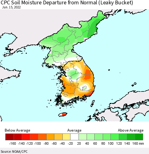 Korea CPC Calculated Soil Moisture Anomaly (Leaky Bucket) Thematic Map For 6/11/2022 - 6/15/2022