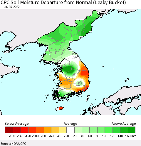 Korea CPC Calculated Soil Moisture Anomaly (Leaky Bucket) Thematic Map For 6/21/2022 - 6/25/2022