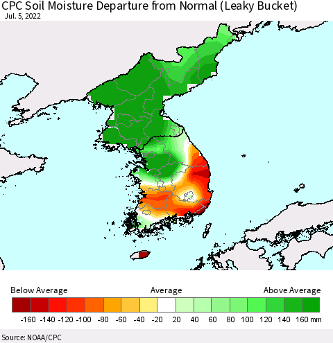 Korea CPC Calculated Soil Moisture Anomaly (Leaky Bucket) Thematic Map For 7/1/2022 - 7/5/2022