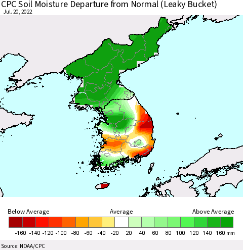 Korea CPC Calculated Soil Moisture Anomaly (Leaky Bucket) Thematic Map For 7/16/2022 - 7/20/2022