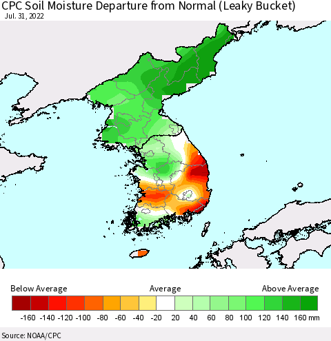 Korea CPC Calculated Soil Moisture Anomaly (Leaky Bucket) Thematic Map For 7/26/2022 - 7/31/2022