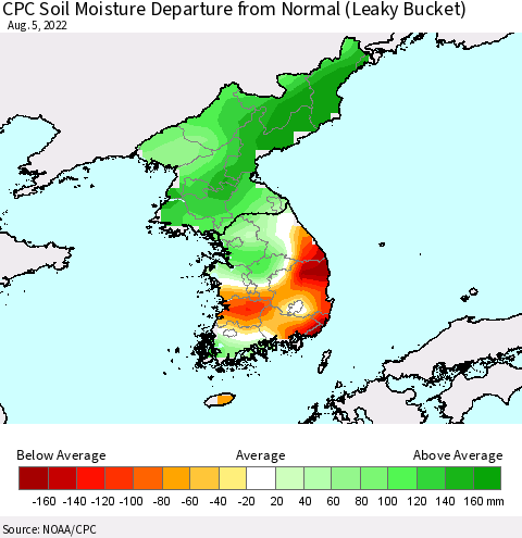 Korea CPC Calculated Soil Moisture Anomaly (Leaky Bucket) Thematic Map For 8/1/2022 - 8/5/2022