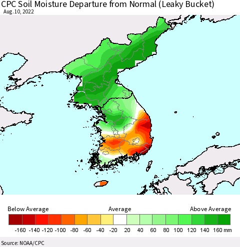Korea CPC Calculated Soil Moisture Anomaly (Leaky Bucket) Thematic Map For 8/6/2022 - 8/10/2022