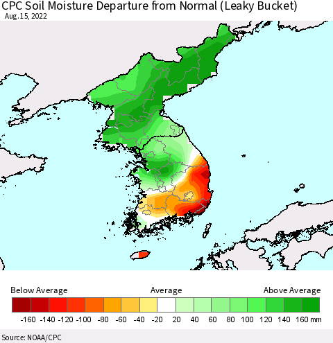 Korea CPC Soil Moisture Departure from Normal (Leaky Bucket) Thematic Map For 8/11/2022 - 8/15/2022