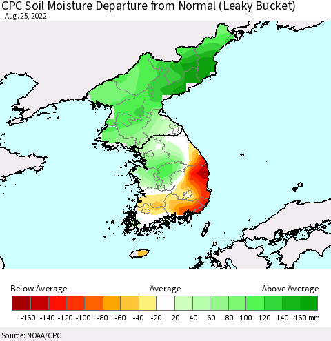 Korea CPC Calculated Soil Moisture Anomaly (Leaky Bucket) Thematic Map For 8/21/2022 - 8/25/2022