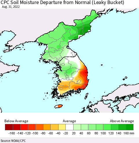 Korea CPC Soil Moisture Departure from Normal (Leaky Bucket) Thematic Map For 8/26/2022 - 8/31/2022