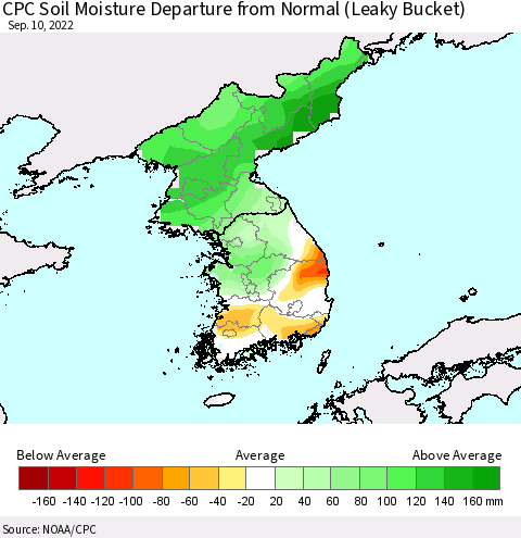 Korea CPC Soil Moisture Departure from Normal (Leaky Bucket) Thematic Map For 9/6/2022 - 9/10/2022