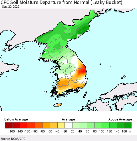 Korea CPC Soil Moisture Departure from Normal (Leaky Bucket) Thematic Map For 9/16/2022 - 9/20/2022