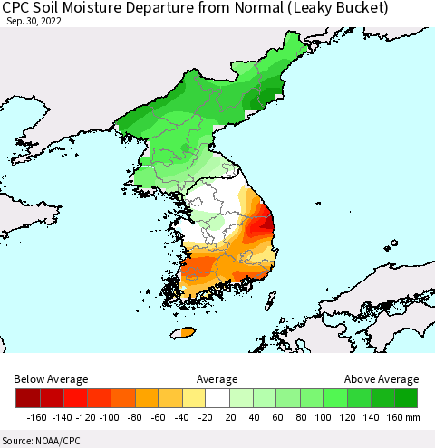 Korea CPC Calculated Soil Moisture Anomaly (Leaky Bucket) Thematic Map For 9/26/2022 - 9/30/2022