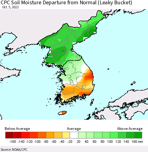Korea CPC Calculated Soil Moisture Anomaly (Leaky Bucket) Thematic Map For 10/1/2022 - 10/5/2022