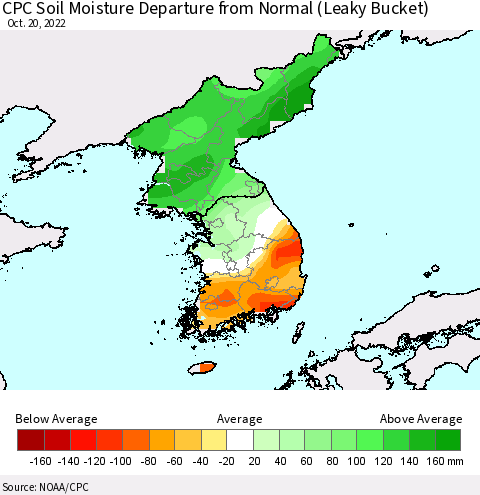 Korea CPC Soil Moisture Departure from Normal (Leaky Bucket) Thematic Map For 10/16/2022 - 10/20/2022