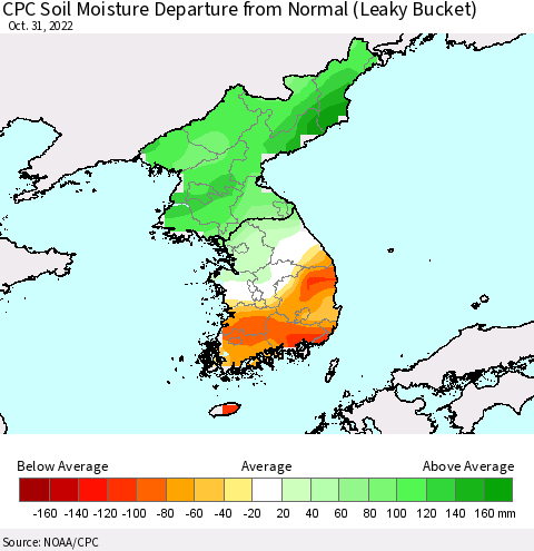 Korea CPC Calculated Soil Moisture Anomaly (Leaky Bucket) Thematic Map For 10/26/2022 - 10/31/2022