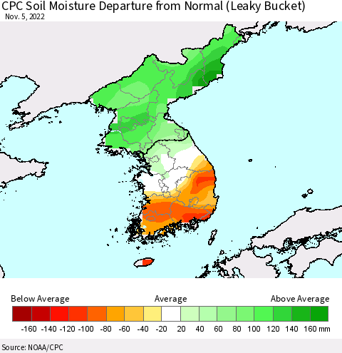 Korea CPC Soil Moisture Departure from Normal (Leaky Bucket) Thematic Map For 11/1/2022 - 11/5/2022