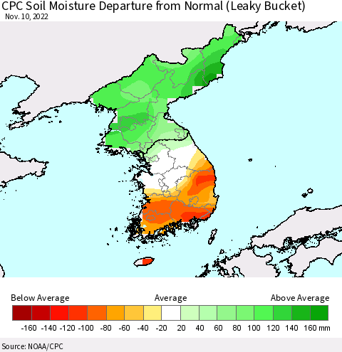 Korea CPC Soil Moisture Departure from Normal (Leaky Bucket) Thematic Map For 11/6/2022 - 11/10/2022