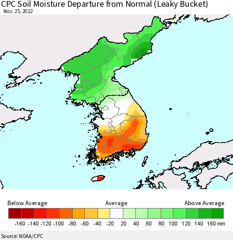 Korea CPC Calculated Soil Moisture Anomaly (Leaky Bucket) Thematic Map For 11/21/2022 - 11/25/2022