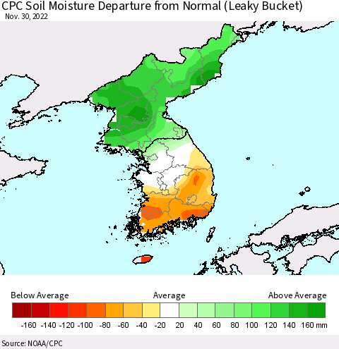Korea CPC Soil Moisture Departure from Normal (Leaky Bucket) Thematic Map For 11/26/2022 - 11/30/2022