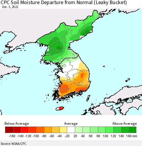 Korea CPC Soil Moisture Departure from Normal (Leaky Bucket) Thematic Map For 12/1/2022 - 12/5/2022