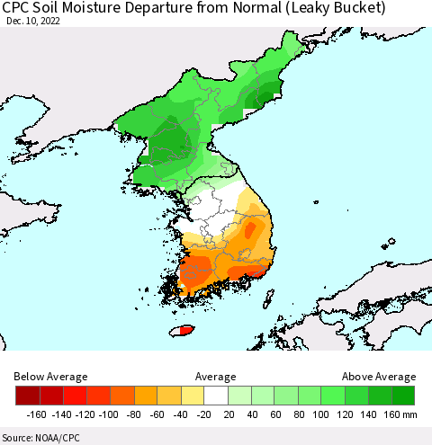 Korea CPC Calculated Soil Moisture Anomaly (Leaky Bucket) Thematic Map For 12/6/2022 - 12/10/2022