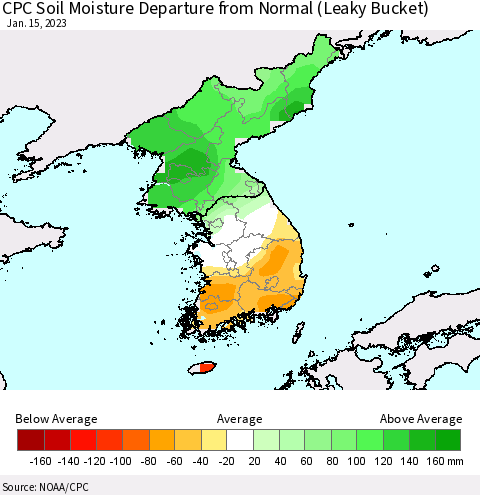 Korea CPC Calculated Soil Moisture Anomaly (Leaky Bucket) Thematic Map For 1/11/2023 - 1/15/2023