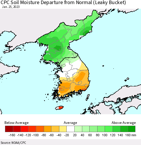 Korea CPC Calculated Soil Moisture Anomaly (Leaky Bucket) Thematic Map For 1/21/2023 - 1/25/2023