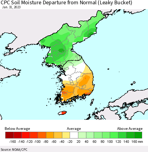 Korea CPC Calculated Soil Moisture Anomaly (Leaky Bucket) Thematic Map For 1/26/2023 - 1/31/2023