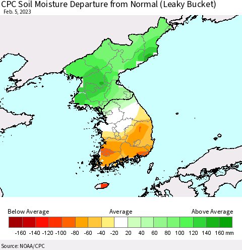 Korea CPC Soil Moisture Departure from Normal (Leaky Bucket) Thematic Map For 2/1/2023 - 2/5/2023