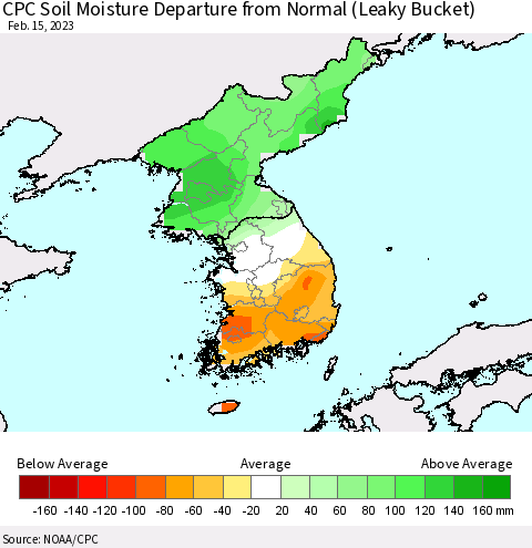 Korea CPC Soil Moisture Departure from Normal (Leaky Bucket) Thematic Map For 2/11/2023 - 2/15/2023