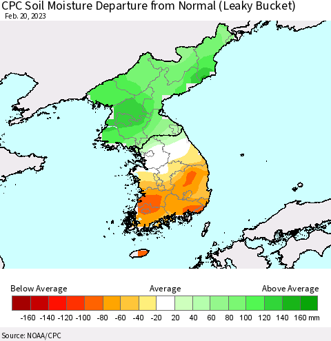Korea CPC Soil Moisture Departure from Normal (Leaky Bucket) Thematic Map For 2/16/2023 - 2/20/2023