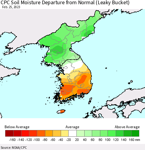 Korea CPC Soil Moisture Departure from Normal (Leaky Bucket) Thematic Map For 2/21/2023 - 2/25/2023