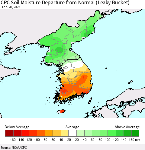 Korea CPC Soil Moisture Departure from Normal (Leaky Bucket) Thematic Map For 2/26/2023 - 2/28/2023