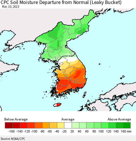 Korea CPC Soil Moisture Departure from Normal (Leaky Bucket) Thematic Map For 3/6/2023 - 3/10/2023
