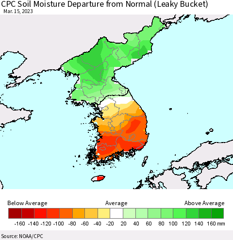 Korea CPC Soil Moisture Departure from Normal (Leaky Bucket) Thematic Map For 3/11/2023 - 3/15/2023