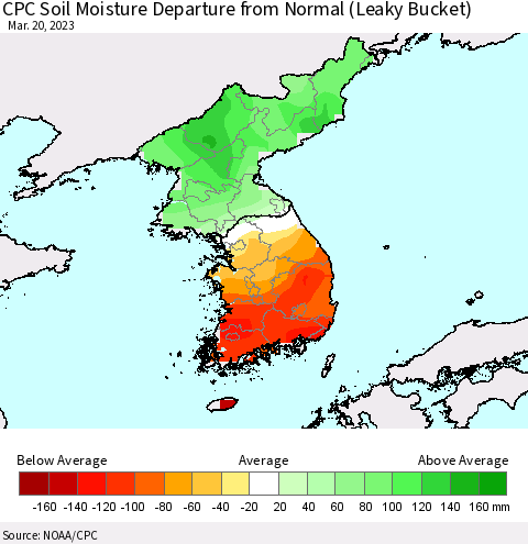 Korea CPC Soil Moisture Departure from Normal (Leaky Bucket) Thematic Map For 3/16/2023 - 3/20/2023