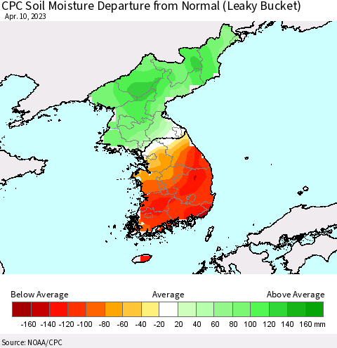 Korea CPC Soil Moisture Anomaly (Leaky Bucket) Thematic Map For 4/6/2023 - 4/10/2023