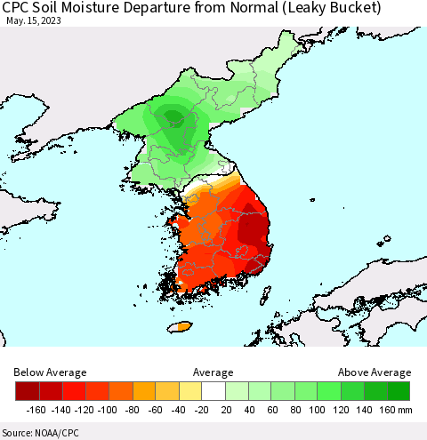 Korea CPC Soil Moisture Anomaly (Leaky Bucket) Thematic Map For 5/11/2023 - 5/15/2023