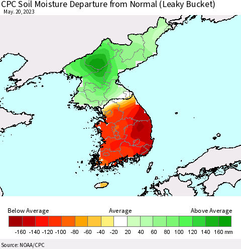 Korea CPC Soil Moisture Anomaly (Leaky Bucket) Thematic Map For 5/16/2023 - 5/20/2023