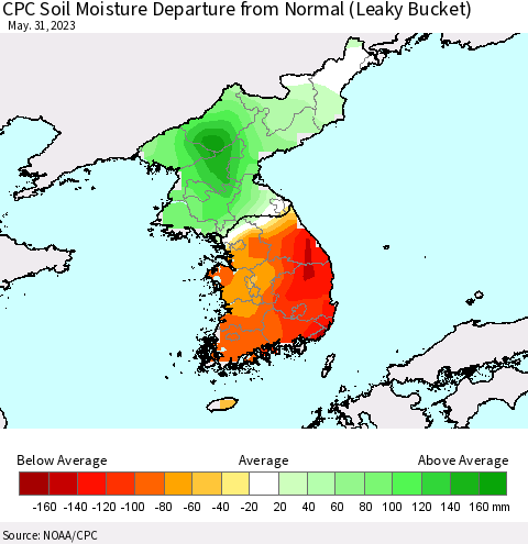 Korea CPC Soil Moisture Departure from Normal (Leaky Bucket) Thematic Map For 5/26/2023 - 5/31/2023