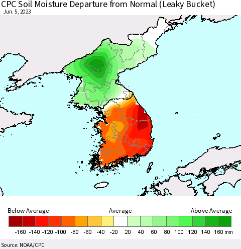 Korea CPC Soil Moisture Departure from Normal (Leaky Bucket) Thematic Map For 6/1/2023 - 6/5/2023