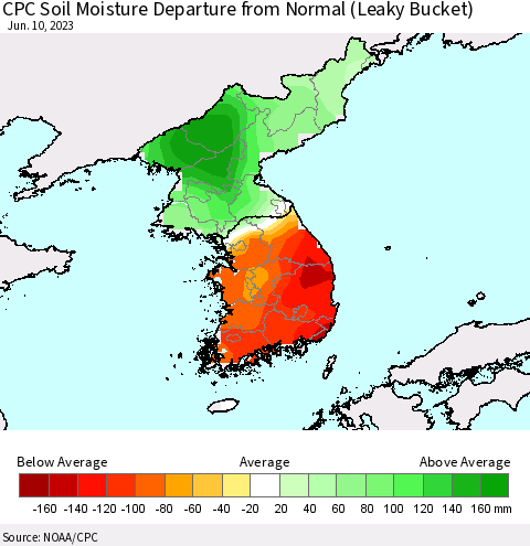 Korea CPC Soil Moisture Departure from Normal (Leaky Bucket) Thematic Map For 6/6/2023 - 6/10/2023