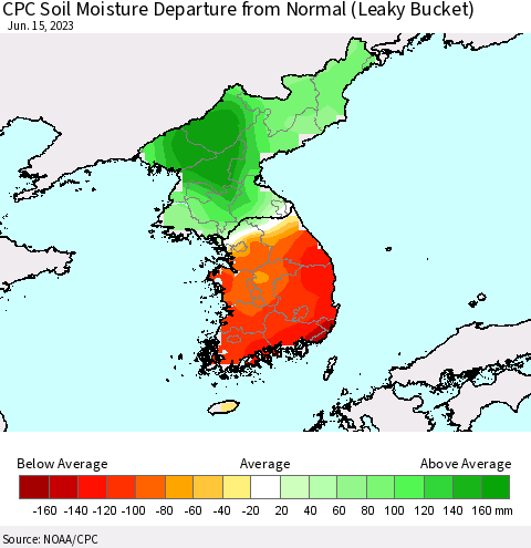 Korea CPC Soil Moisture Departure from Normal (Leaky Bucket) Thematic Map For 6/11/2023 - 6/15/2023